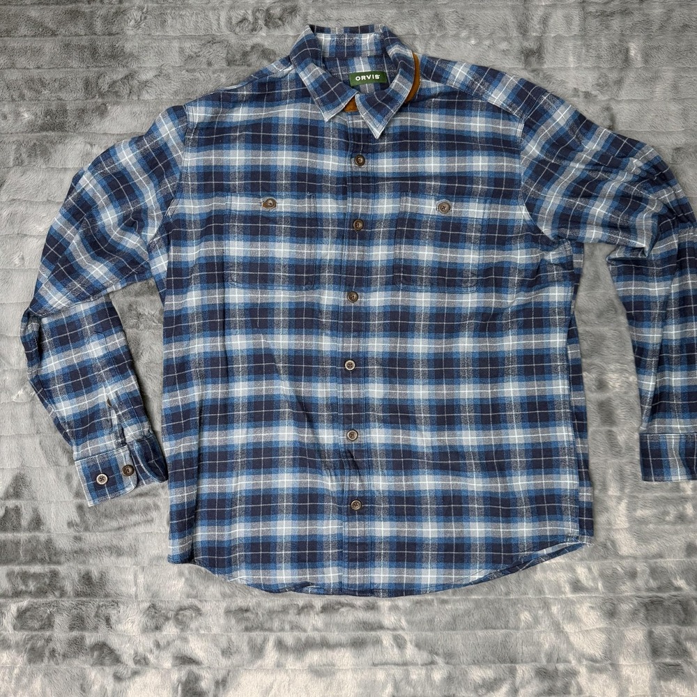 Orvis Shirt Mens Large Blue Plaid Flannel Button Front Classic Fit Casual